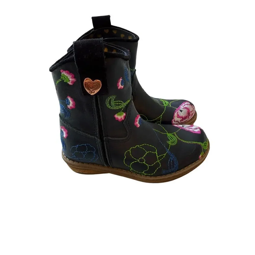Mim-Pi Girl's Blue Floral Leather Ankle Boots Size Toddler 6